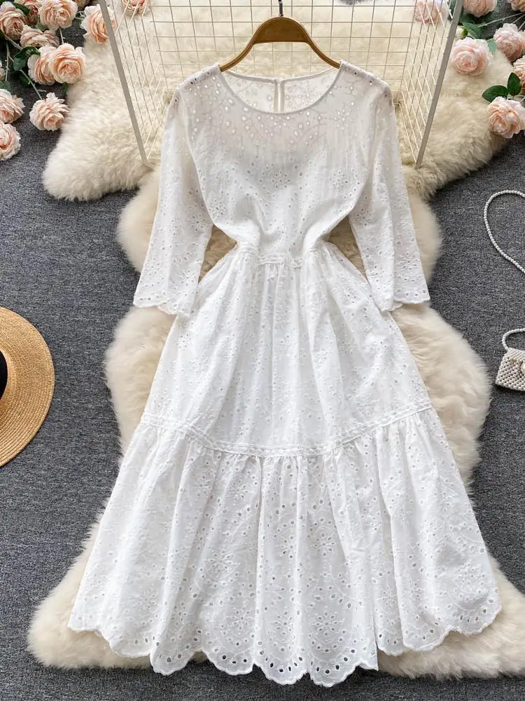 

ZCWXM Summer 2-piece Set French Fairy Cotton Linen White Dress Women Chic Three Quarter Sleeve O-neck Korean Beach Lace Dress