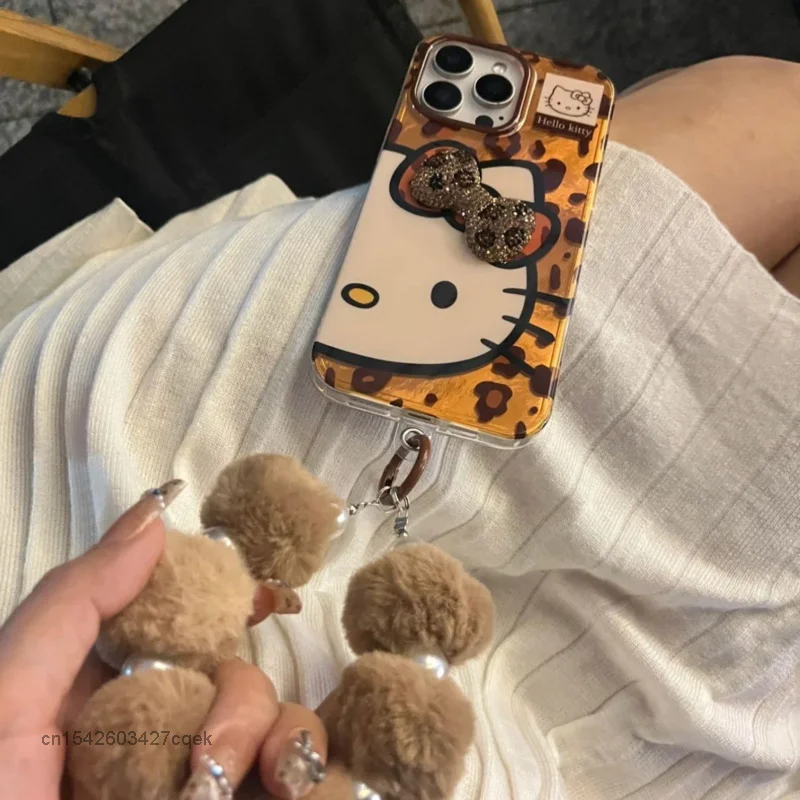 Sanrio Hello Kitty 3D Bow Rhinestone Роскошный чехол для телефона с леопардовым принтом IPhone 16 15 14