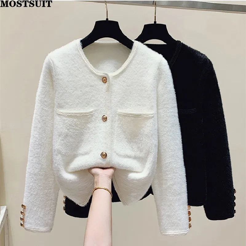 

Elegant Mink Knitted Jacket Sweater Women 2022 Winter Long Sleeve O-neck Gold Buttons Cardigan Coat Vintage Fashion Chic Jumpers