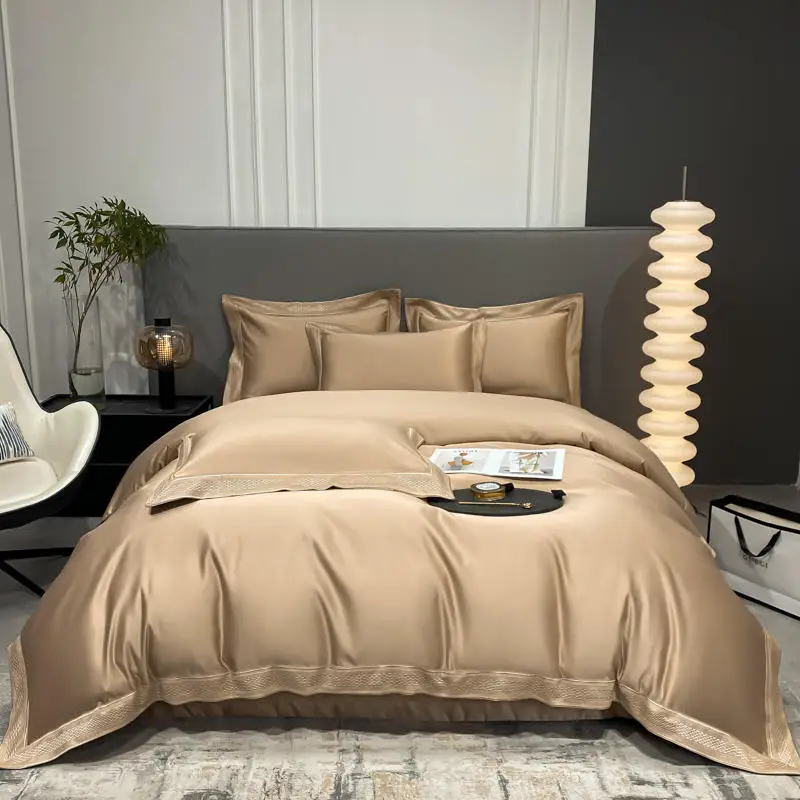 

Комплект постельного белья из сатина и хлопка, роскошный однотонный Комплект постельного белья из 4 предметов, с вышивкой, пододеяльник, простыня, подушка, размеры Queen/King