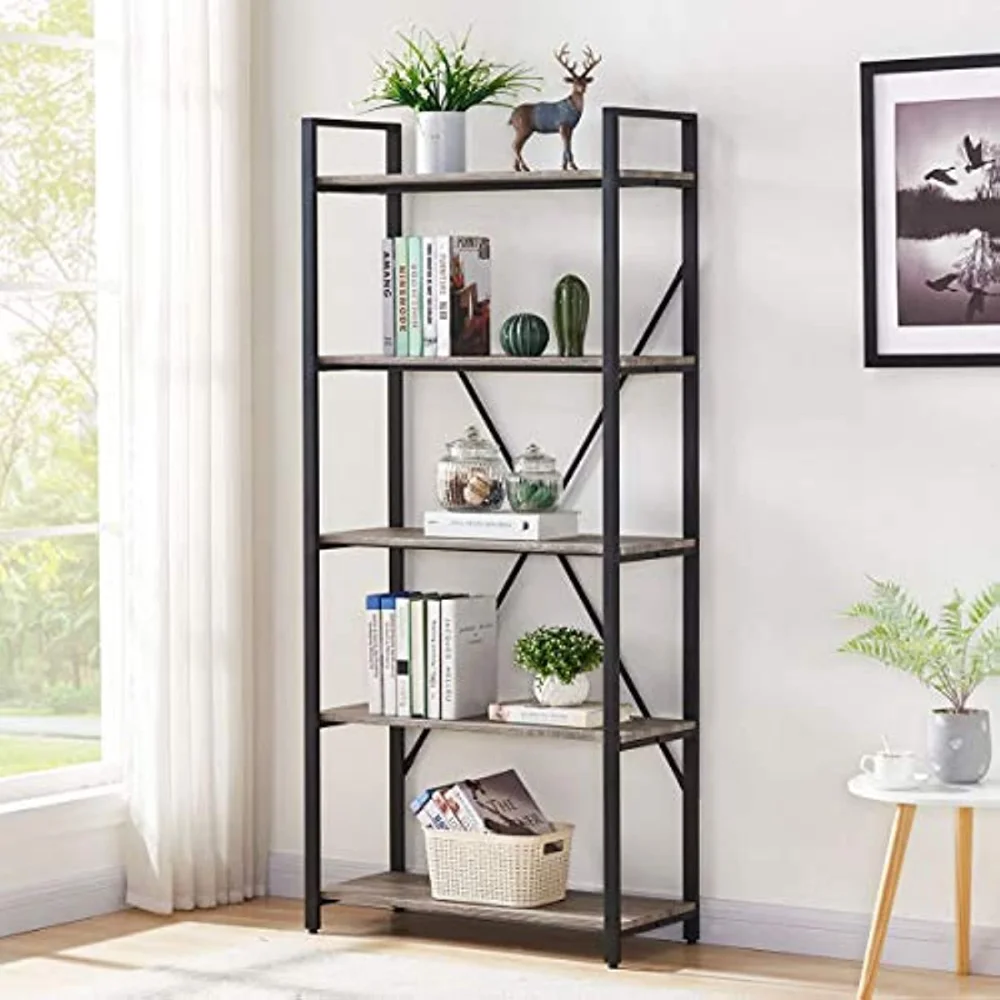 

Industrial Bookshelf, Etagere Bookcases and Book Shelves 5 Tier, Rustic Wood and Metal Shelving Unit (Dark Gray Oak)