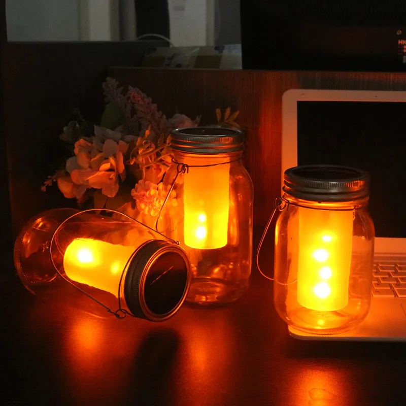 

1/2PCS Solar LED Mason Jar Lit Light Torch Flame Warm LED Garden Outdoor Solar Bottle Lamp Candle Lantern Solar Garden Lighting
