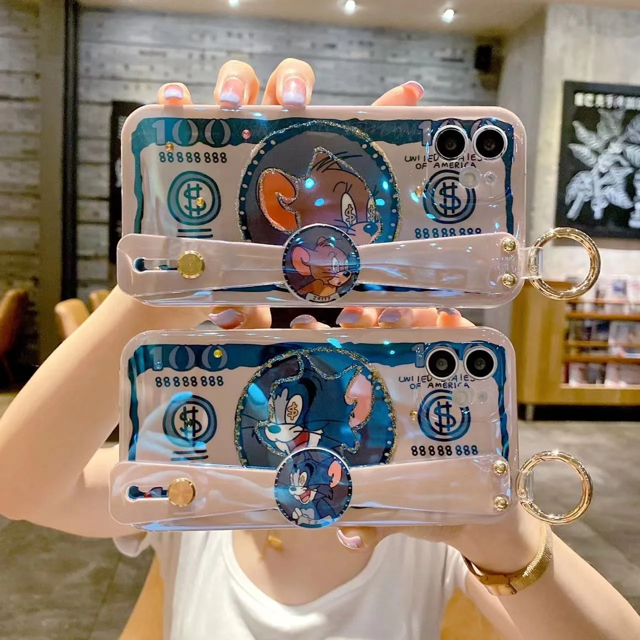 

Dollar Design Tom and Jerry with wrist strap Phone Cases For iPhone 13 12 11 Pro Max Mini XR XS MAX 8 X 7 SE 2020 Back Cover