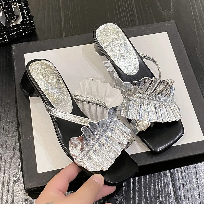 

New Design Square Open Toe Crystal Lady Mules Med Heel Bright Real Leather Sexy Cut Out Rhinestone Summer Slippers Women