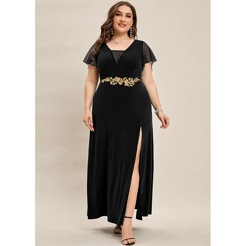 2023 Summer Plus Size Elegant Black Chiffon Dress 5xl 6xl Loose Ruffle MIDI Luxury Plus Size Summer V Neck Wedding Dress Woman