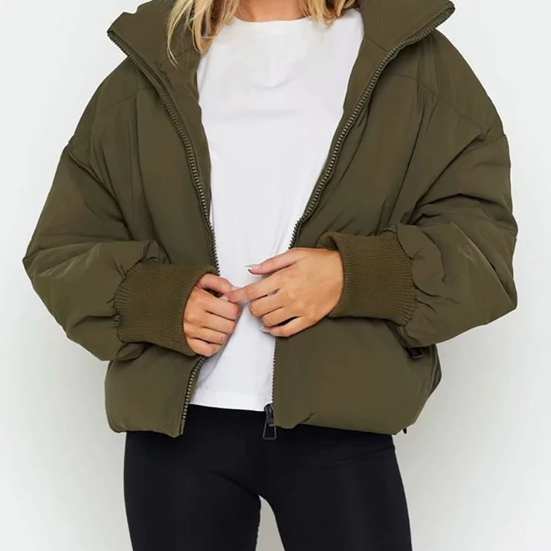 2021 Autumn Winter Thick Warm Basic Cotton Outerwear Female Women's Vintage Green Parkas Coats Casual Pockets Solid Loose Jacket