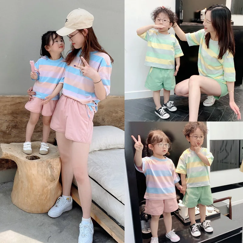 

2022 Summer New Loose Striped T-Shirt Shorts Western-Style Parent-Child Mother-Daughter Mother-Child Two-Piece Suit
