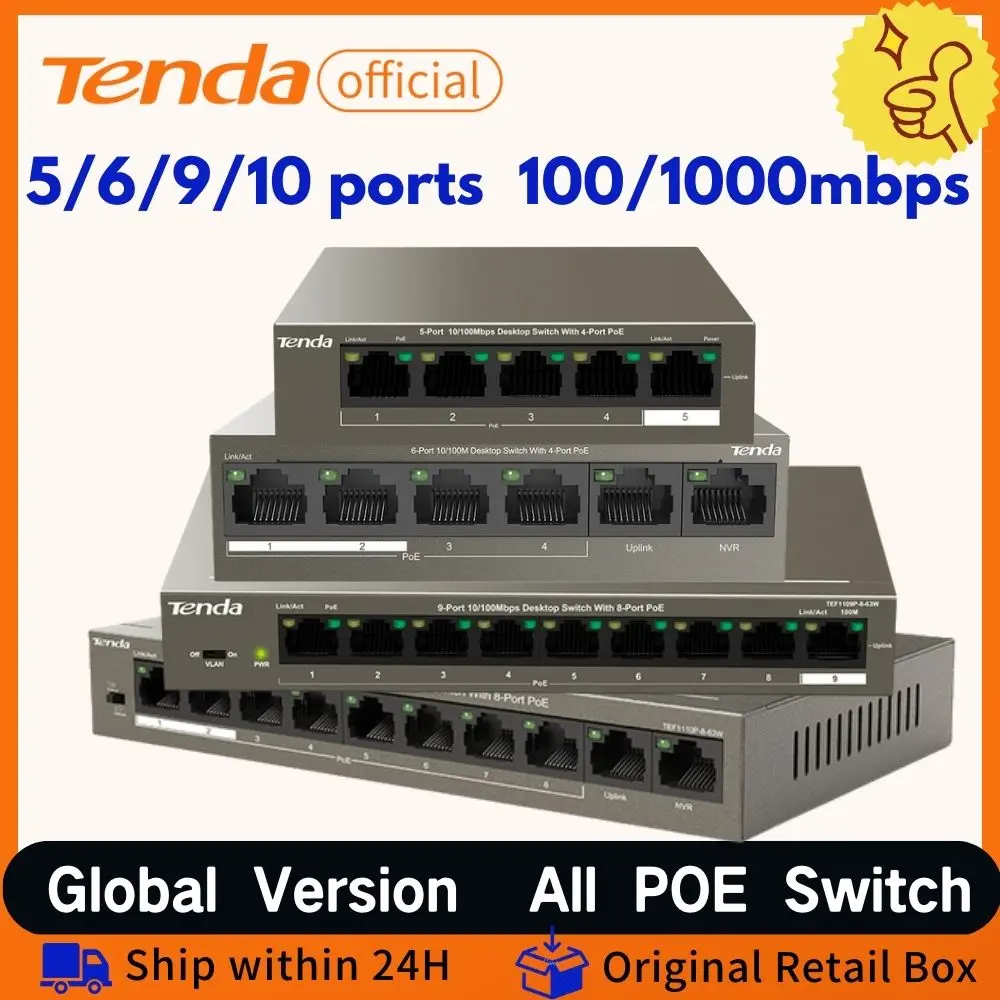 

Tenda PoE Switch Gigabit Ethernet Switch 5/6/9/10ports 100Mbps/1000Mbps Network POE Switch For IP Camera/Wireless AP/CCTV Camera