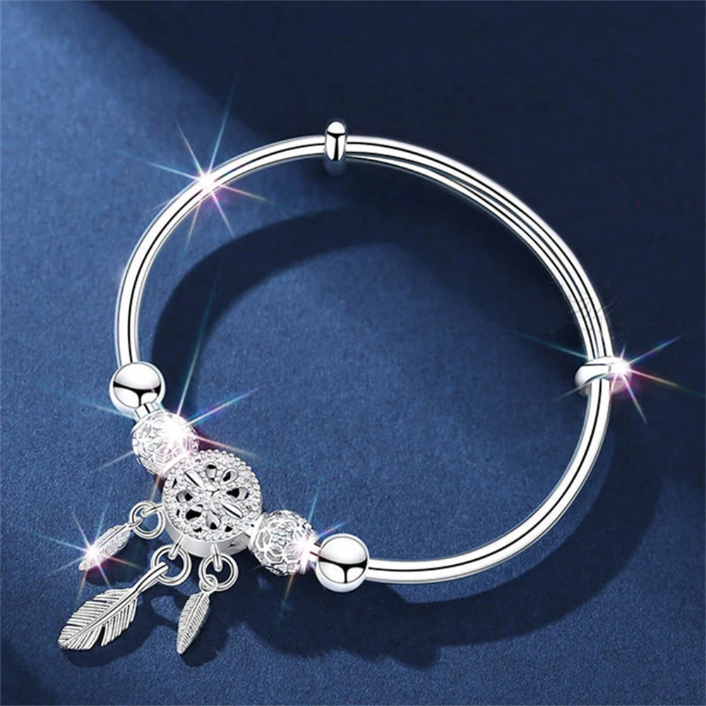 Adjustable Silver Color Dreamcatcher Tassel Feather Round Bead Charm Bracelet & Bangle For Women Elegant Jewelry