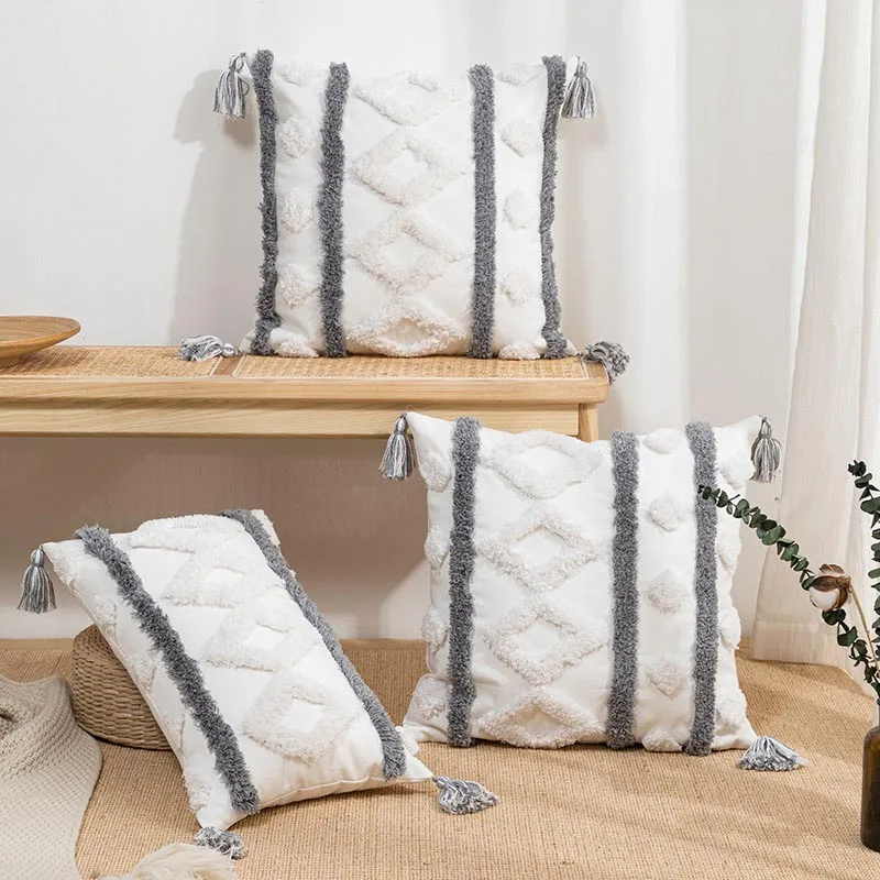 

White Grey Embroidery Cushion Cover Nordic Home Decor Tassels Pillow Cover 45x45 Tufted Geometric Pillow Case Sofa Lumbar Pillow