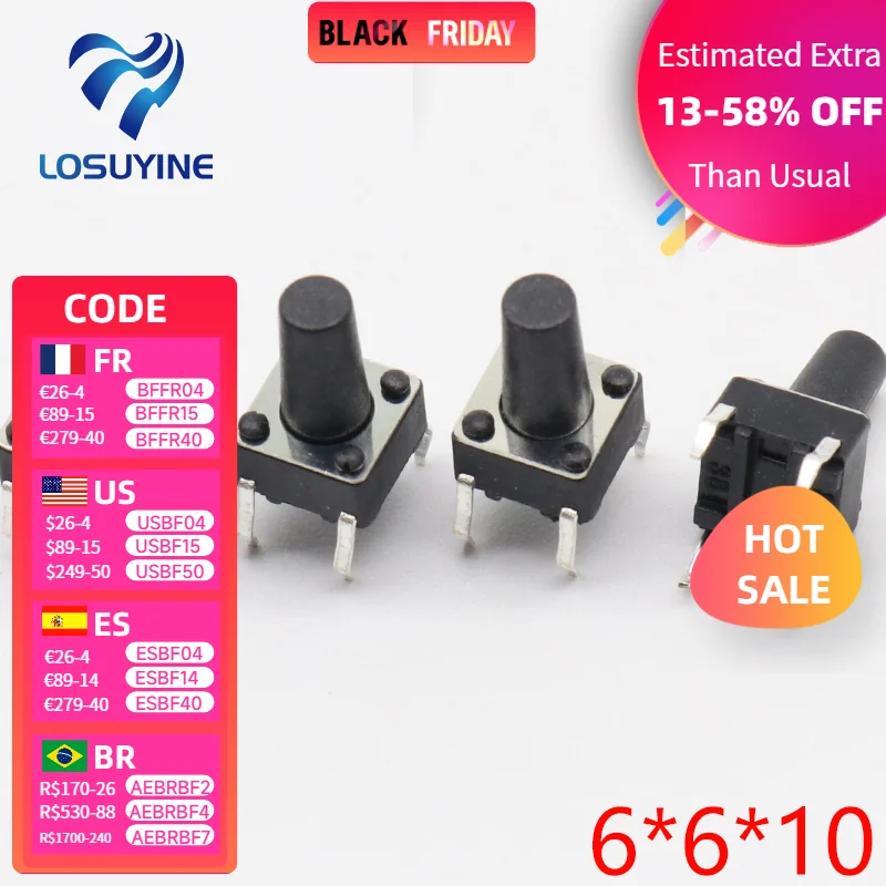 

Тактильный тактовый микропереключатель G94, микро переключатель с прямым самосбросом, 50 шт./лот, 6x6x10 мм, 4 контакта, DIP Top Copper