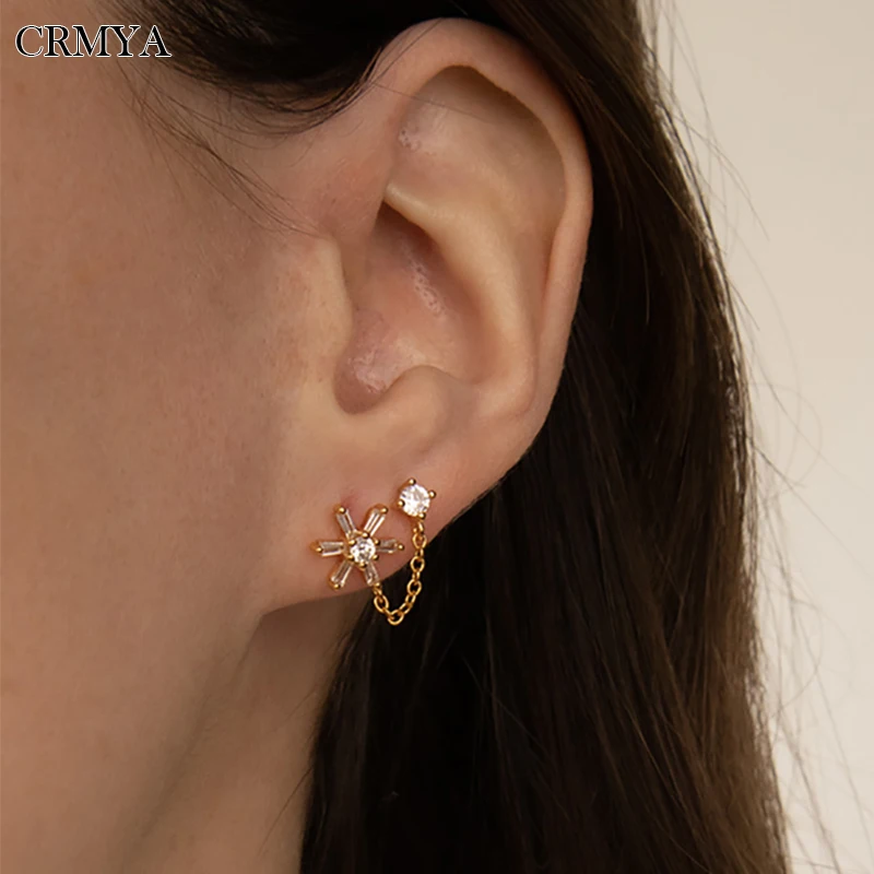 

CRMYA Gold Plated Stud Earrings For Women Trend Cubic Zirconia Piercing Initial Chain Earrings 2022 Wedding Jewelry Wholesale