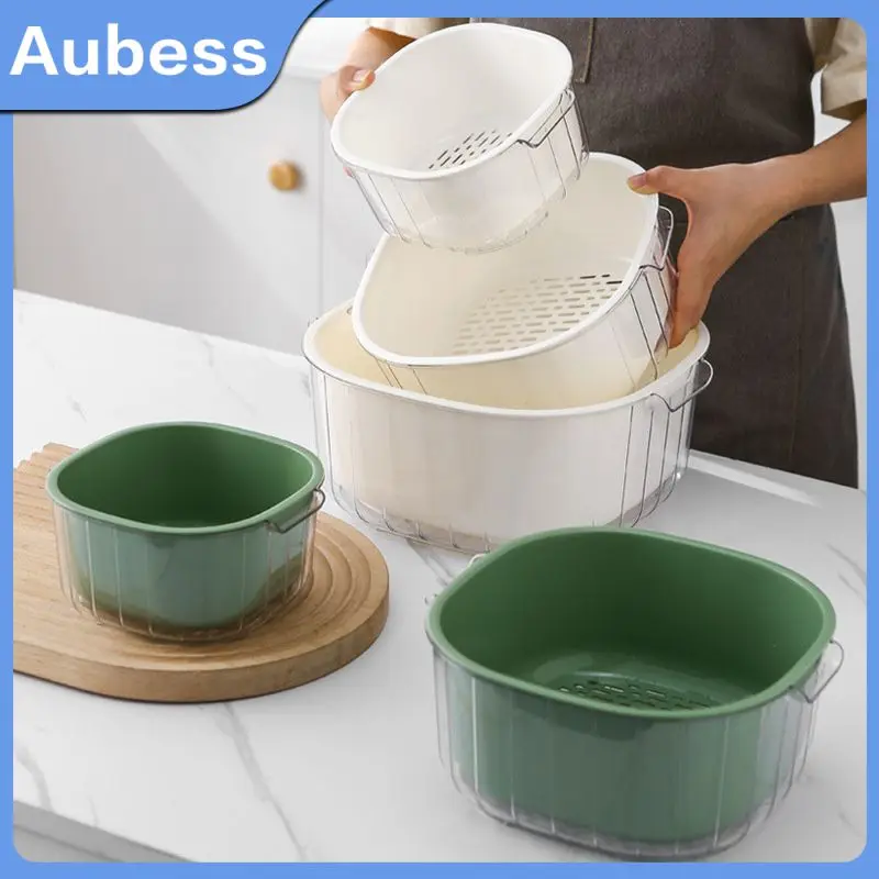 

Vegetable Washing Basin Binaural Handle Square Rice Washing Basket Transparent Double-layer Fruit Basket. Home Storage Plastic