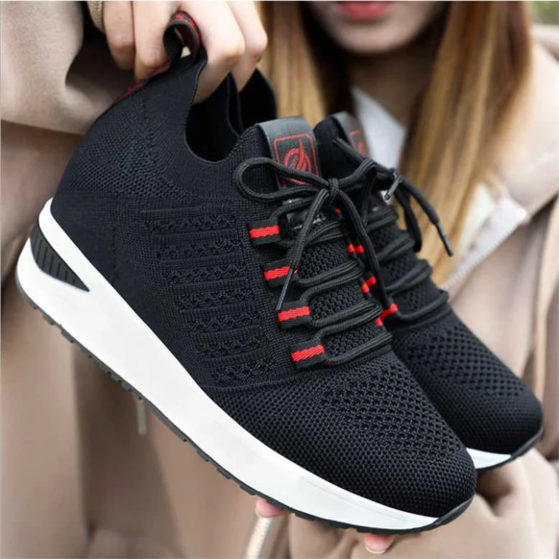 

2022 New Wedges High Heels Lady Casual Black Women Sneakers Leisure Platform Shoes Slip-On Breathable Height Increasing Shoes