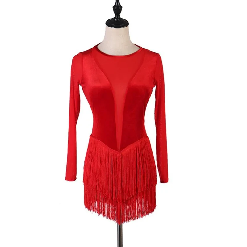 Customisable Latin Dance Women´S Dresses Long Sleeve Sexy See Through Latin Dress Competition Stage Performance Costume Ladies