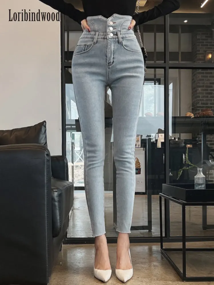 

2023 Новый корейский стиль Новый матовый Белый Потертый синий ~ темперамент для похудения 3 кнопки Высокая талия обтягивающие джинсы укороченные брюки