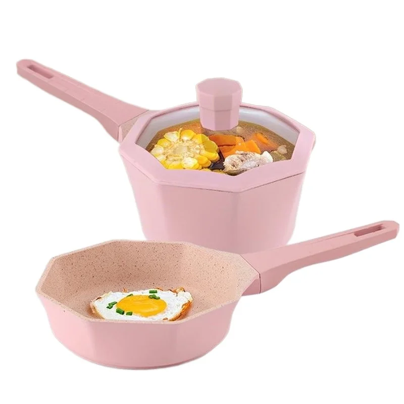 

Aluminum Alloy Casserole Non-stick Korean Cute Octagonal Pink Round Baby Complementary Food Milk Pot Instant Noodle Wheat Rice