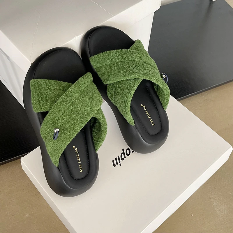 

Женские сандалии на толстой подошве, повседневные босоножки в Корейском стиле, шерстяные туфли на плоской подошве, светло-зеленые, лето 116021