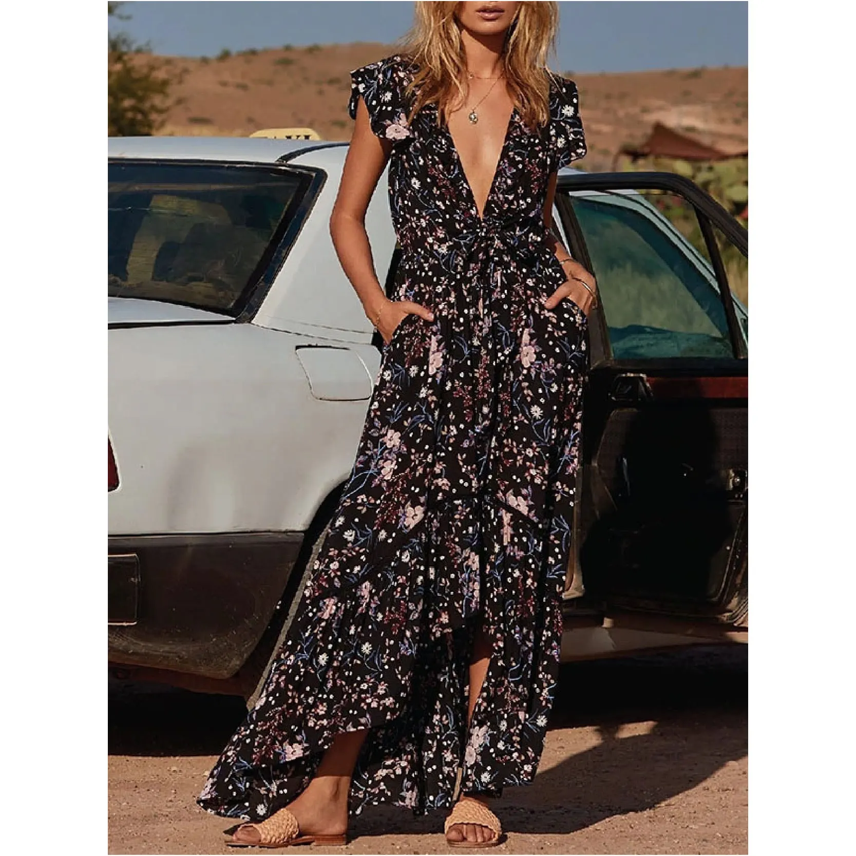 

Elegant Dresses for Women Sexy Slim V-Neck Irregular Belt Skirt Short Sleeve Cosy Party Prom Robe Floral Print Vestidos De Noche
