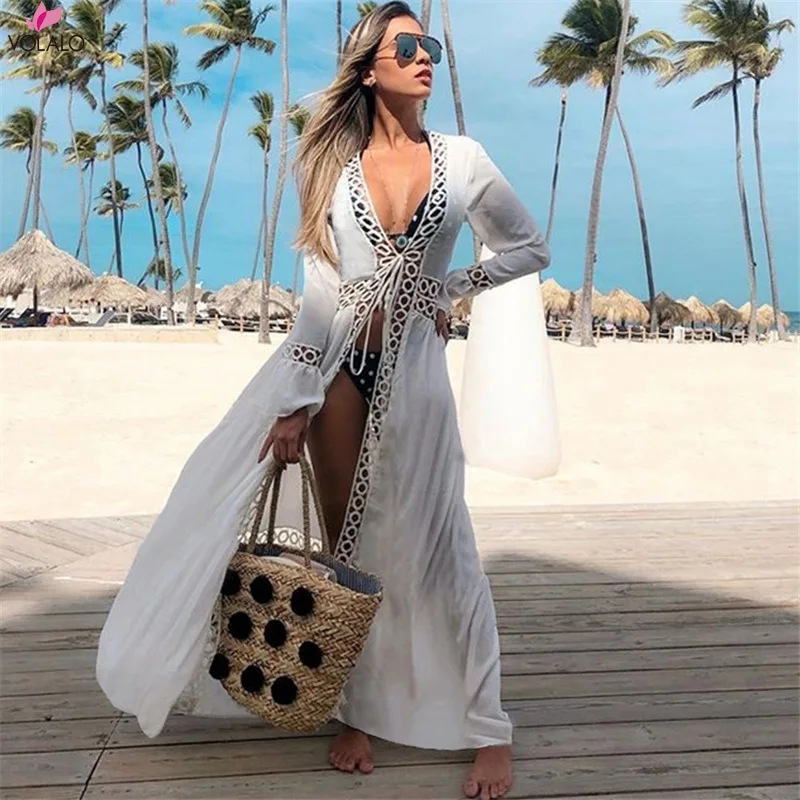 

VOLALO 2023 Crochet White Knitted Beach Cover up dress Tunic Long Pareos Bikinis Cover ups Swim Cover up Robe Plage Beachwear