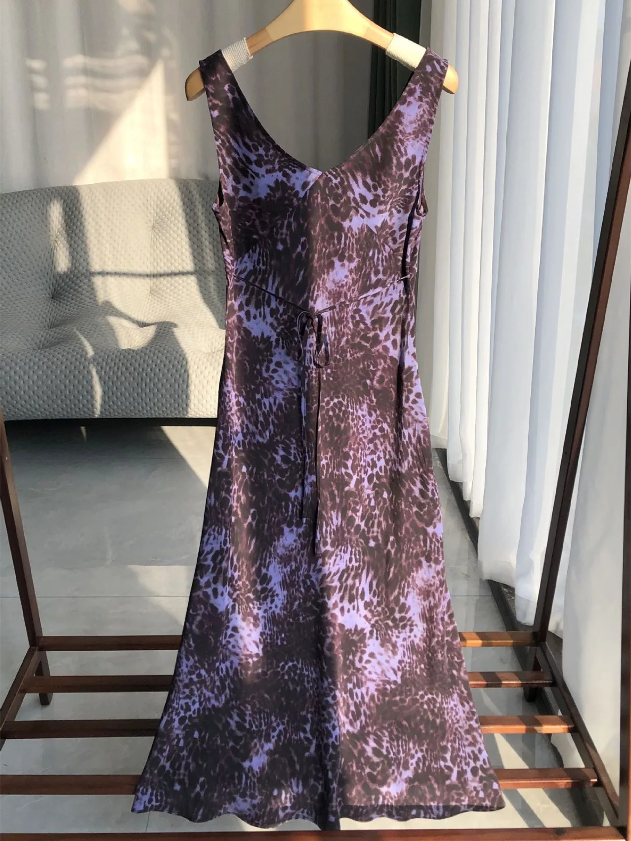 Women's Sling Dress Printed Deep V-Neck Sleeveless Drawstring Robe Silk Sexy Summer 2023