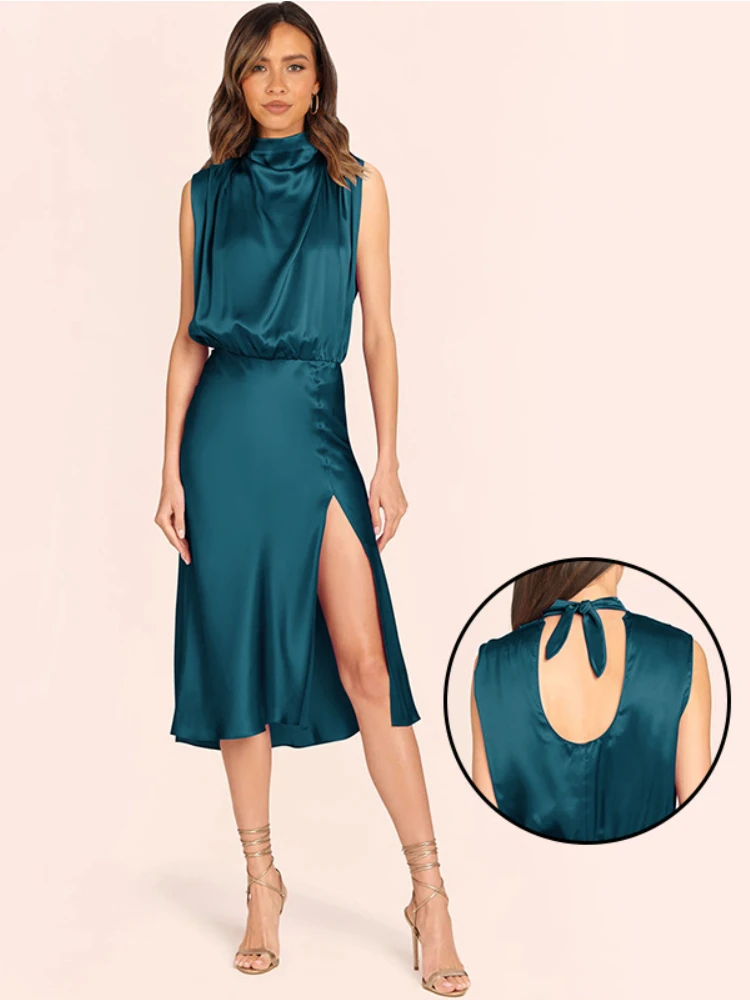 

Женское Повседневное платье с лямкой на шее, однотонное модное платье-пуловер без рукавов с разрезом и открытой спиной, приталенное платье миди, весна-лето 2023