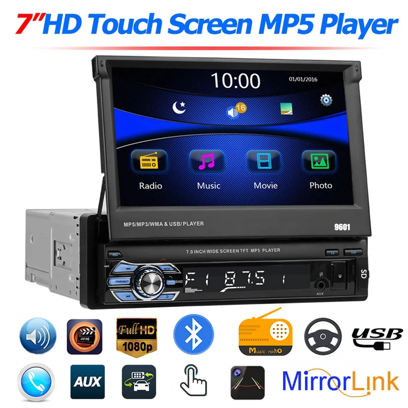 Автомагнитола 1 DIN 7 дюймов выдвижная MP5 Bluetooth/USB/TF/Aux-in сенсорный HD экран кассета