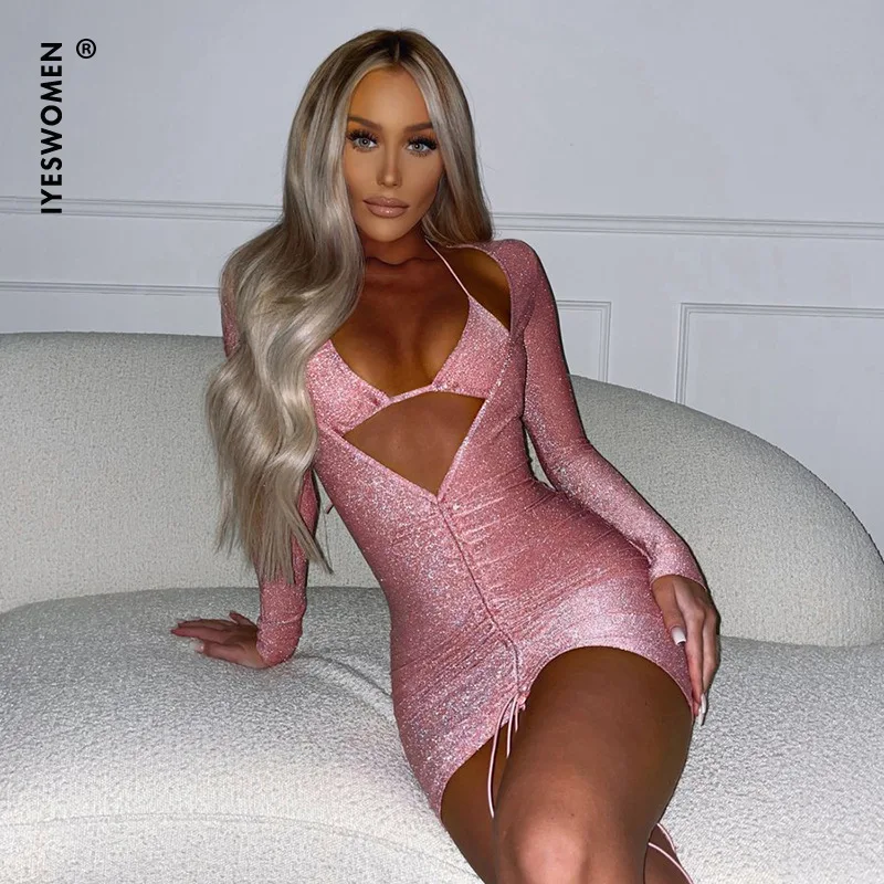 

IYES женское сексуальное блестящее облегающее платье с длинным рукавом, наборы из топа с бретелькой через шею и платья с глубоким V-образным в...