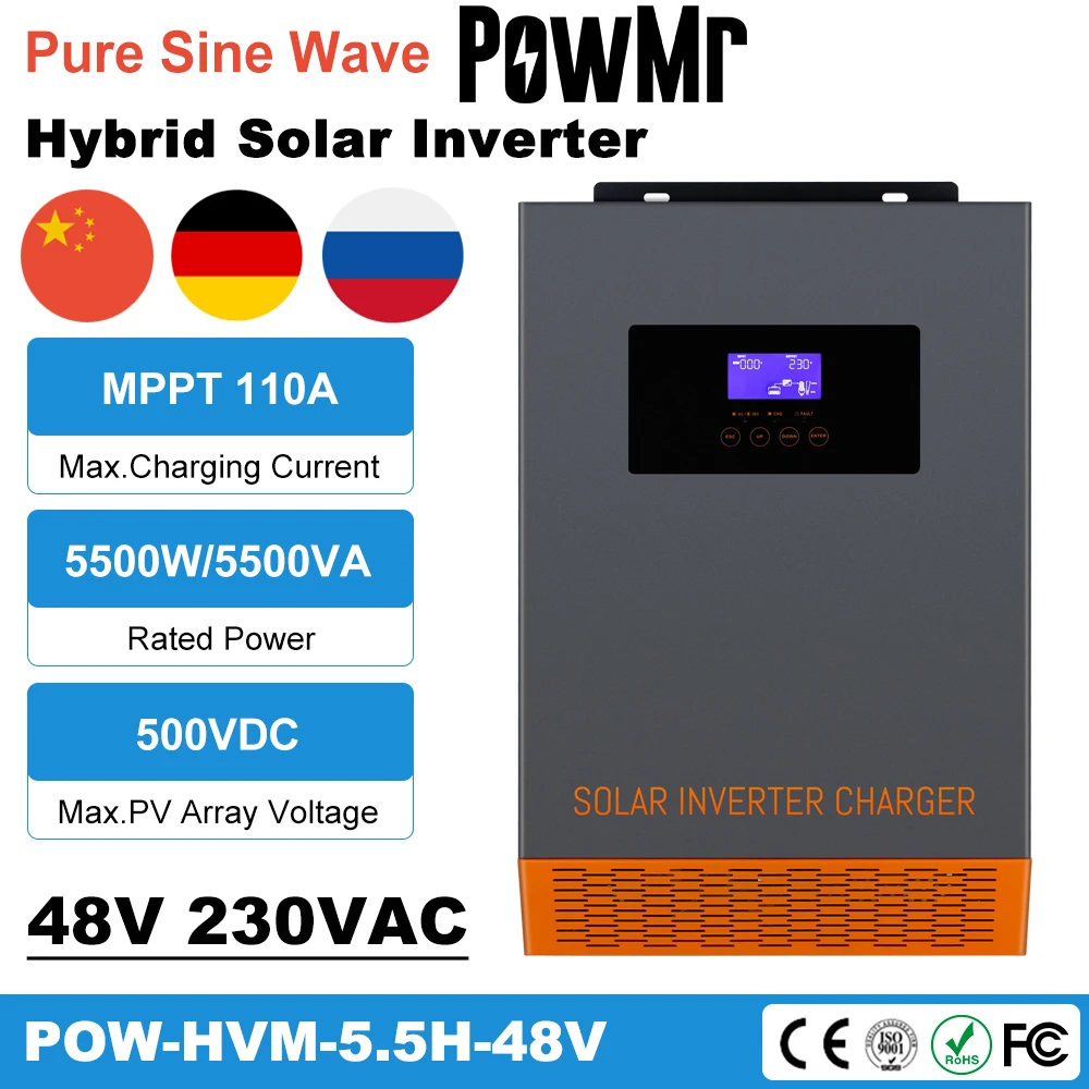 

POWMR Hybrid Solar Inverter 5500W MPPT 110A PV 500VDC Panel Input 220VAC 48VDC Buid In Pure Sine Wave Solar Charge Contronller