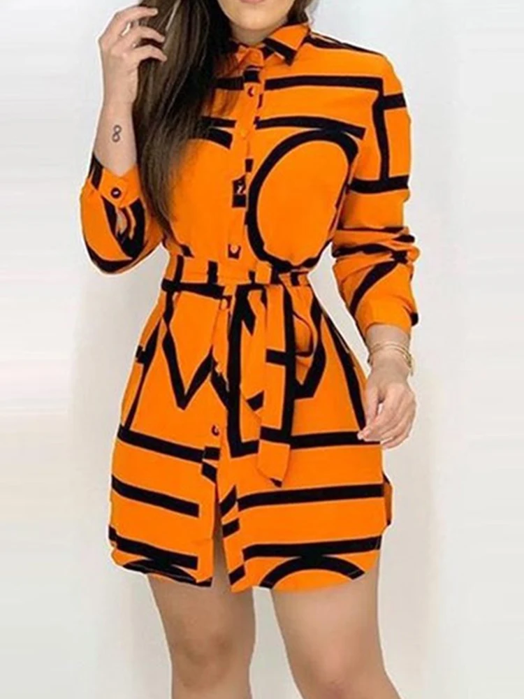 

Chic Print Belted Slim Mini Shirt Dress Women Long Sleeve Casual Dress Workwear