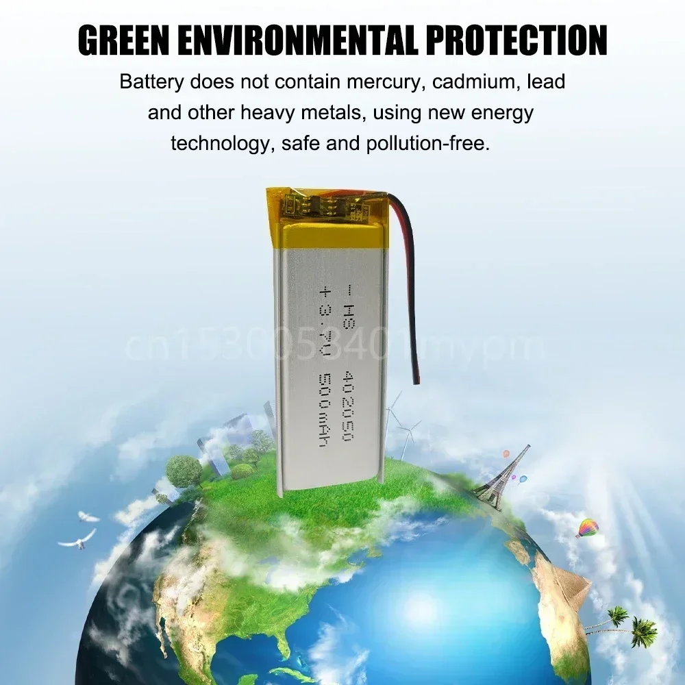 402050 500mAh 3.7V Lithium Polymer Lipo Li-ion Rechargeable Battery for GPS MP3 MP4 LED Light Recording Pen Bluetooth Speaker