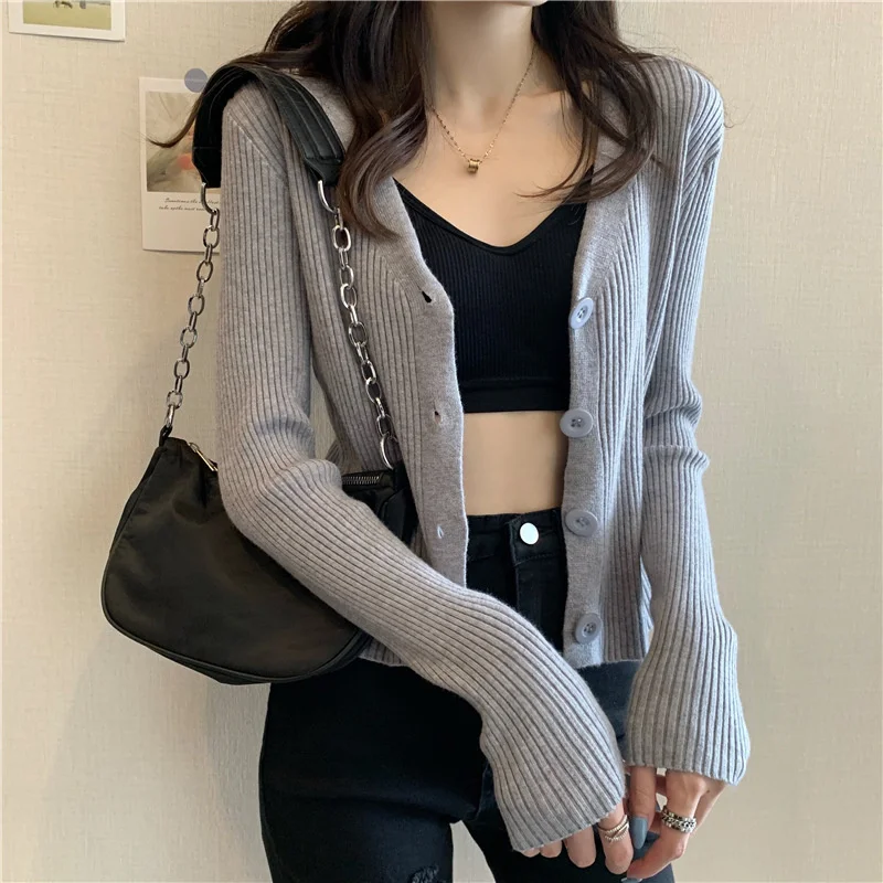 

Hot sale Sexy Knitted V-neck Single Breasted Cardigan New Spring Autumn Full Sleeve Solid Cropped Sweater Women's Slim Knitwear