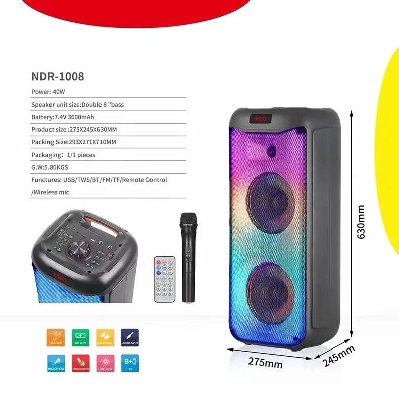 

Kinglucky 2022 new PartyBox 100 RGB marquee light outdoor lever bluetooth speaker dual 8 inch 80 z bass + LED flame light