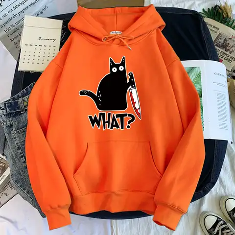 Women Hoody Little Black Cat With Knife Print Ladies Sweatshirt Harajuku Hooded Aesthetic Hoodie Ladies Personality Streetwear