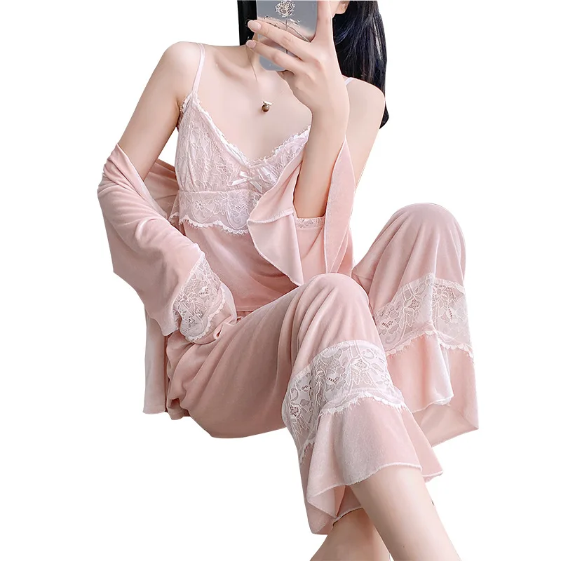 Осенне-зимний бархатный пижамный комплект из 3 предметов одежда для сна