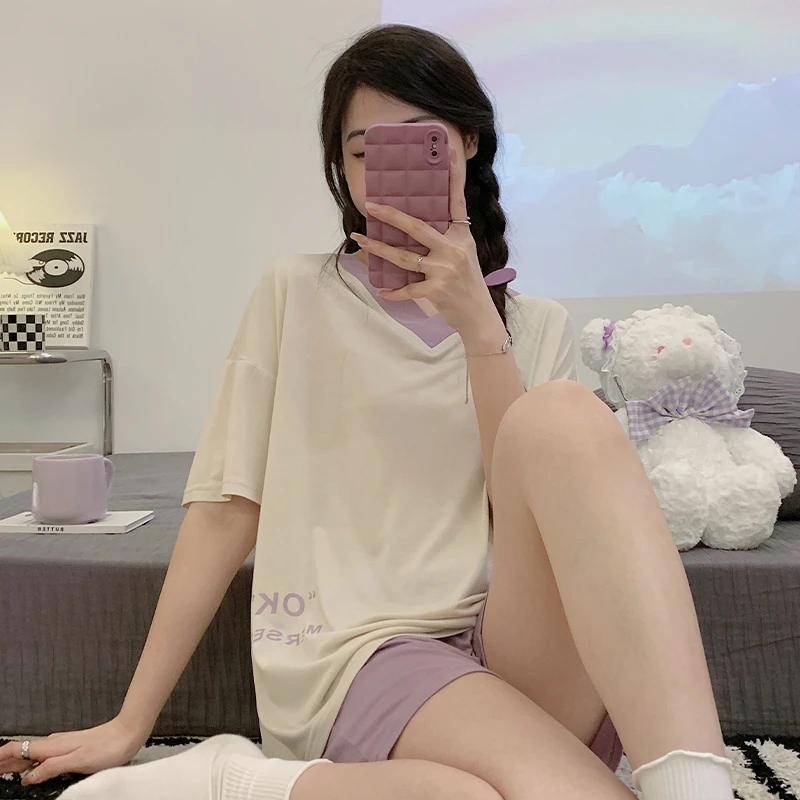 

New Summer Casual Pajamas Set Model Short Sleeve Short Sleeve Sleepwear Suit Women's Clothing Cute Set V Neck