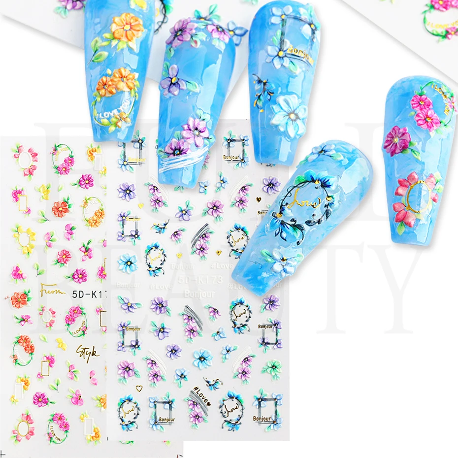 Цветочный венок 5D тисненые наклейки для ногтей Свадебные Выгравированные