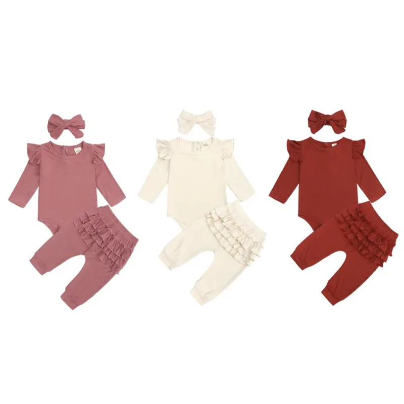 

Комбинезон с оборками для новорожденных девочек, топ + леггинсы + повязка на голову с бантом, 3 предмета, одежда для маленьких девочек, наряды, комплект одежды для маленьких девочек