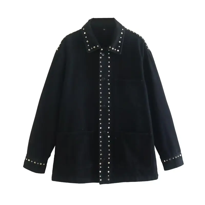 

Women's jacket shirt coat 2022 new fashion loose rivet decoration elegant ladies shirt jacket chic street long sleeve coat women
