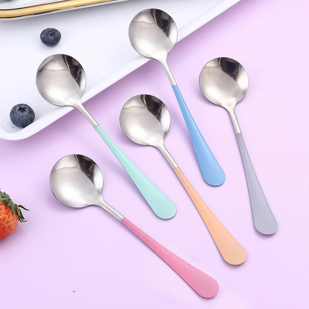 

Stainless Steel Round Spoon Soup Rice Spoon Kitchen Dining Bar Dessert Sanding Tableware Spoon With Long Handle Household