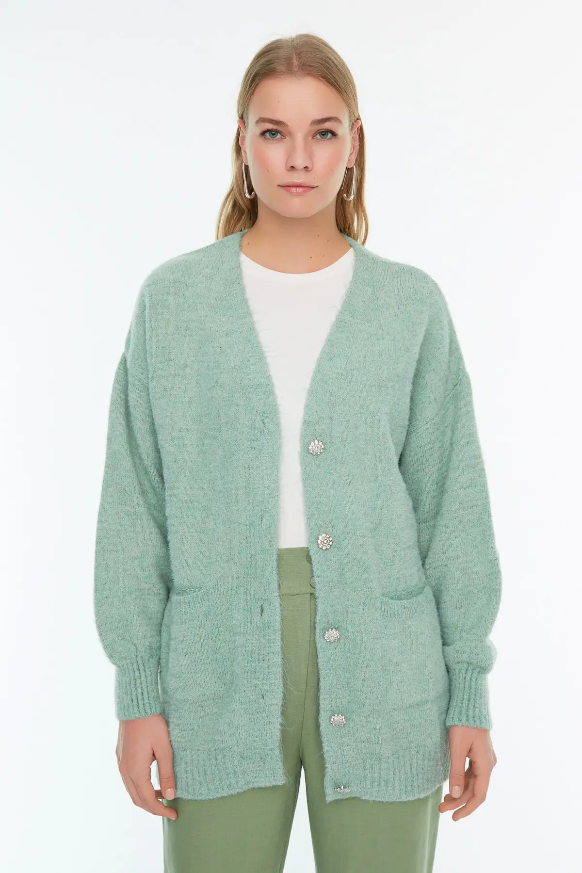 

Women's Cardigan Mint Button And Pocket Detail Casual Knitted Quality Fashion Cardigan Sweaters Loose Sweater Jumper