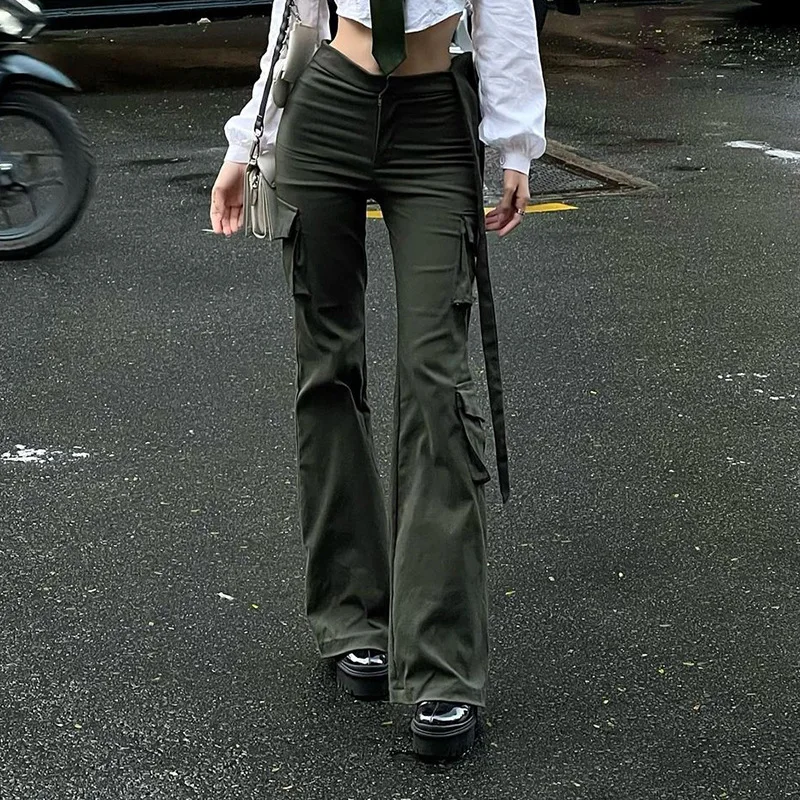 

Женские брюки в уличном стиле, облегающие широкие брюки с карманами, Модные Винтажные штаны Y2k, эстетичные шикарные однотонные брюки