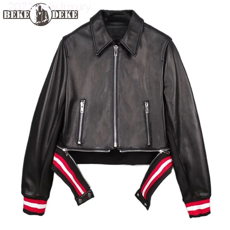 Leather Women Genuine Jacket Punk Motorcycle Biker Sheepskin Short Coat Design Turn-Down Collar Zipper Slim FIt Casual Outerwear