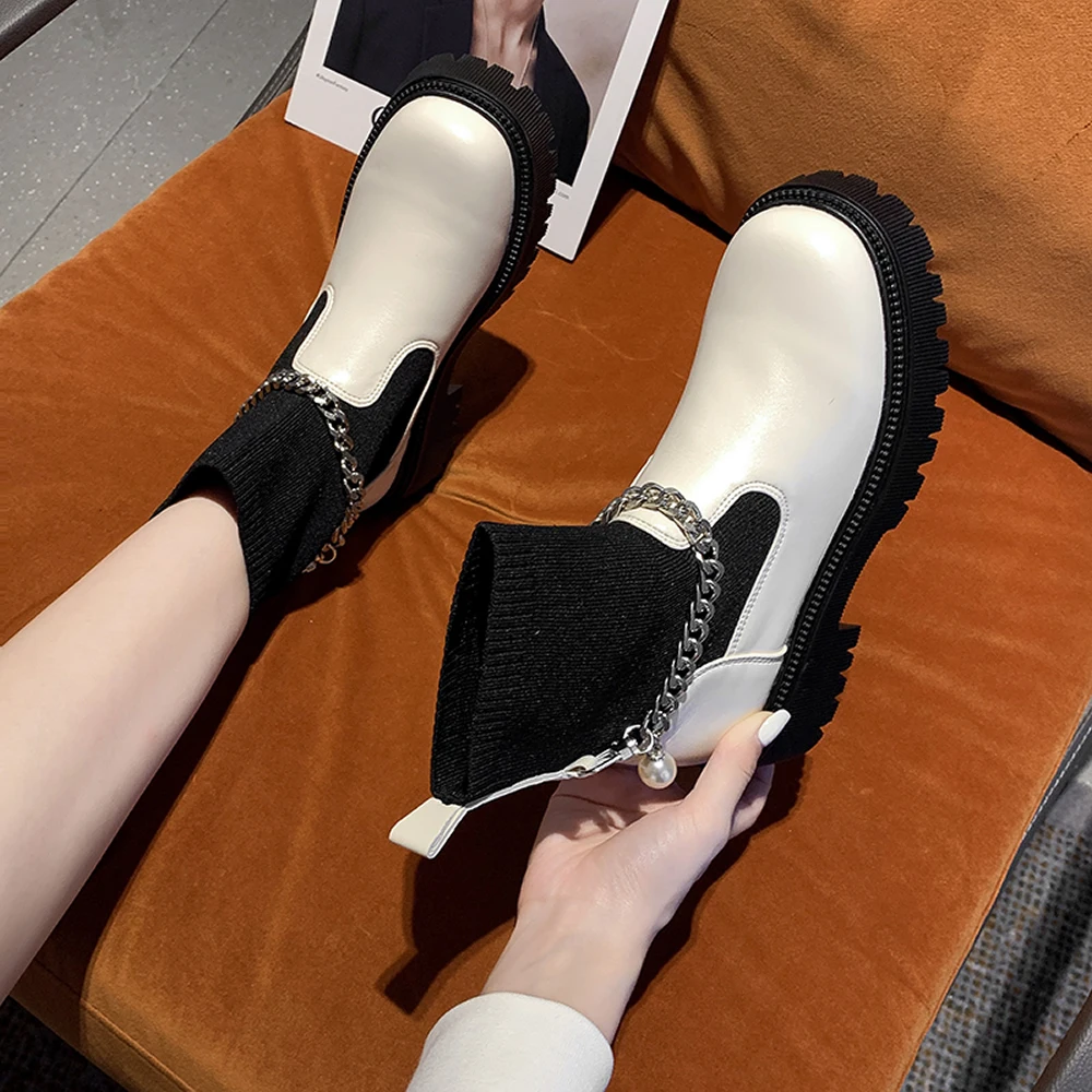 Knitted socks boots women's 2023 autumn new chain mid-tube elastic boots women's thick heel thick sole thin ankle boots ins tide