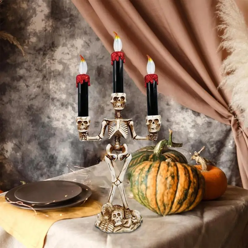 Halloweenowy szkielet świecznik LED bezpłomieniowa elektroniczna świeca światło duch festiwal Horror rekwizyt dekoracyjny ozdoba z czaszką