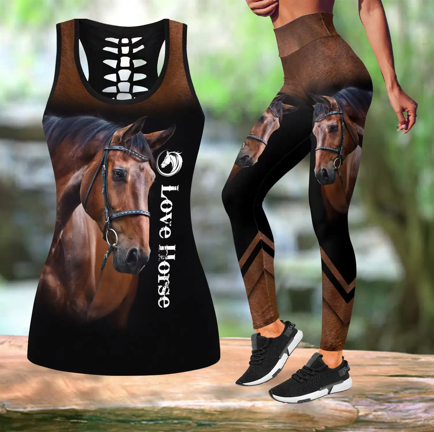 

Beautiful Love Horse 3D All Over Printed Hollow Tank Top & Leggings Set Fitness Female Full Length Leggings Running Pants DDK94