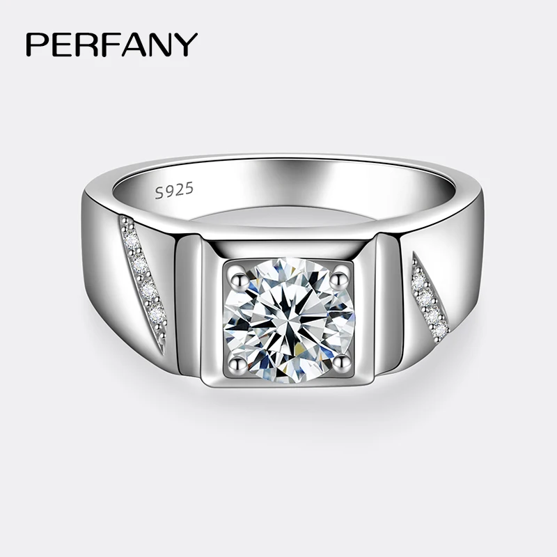 Фото PERFANY 1/2CT кольцо с муассанитом для мужчин S925 чистое серебро сверкающий бриллиант властное обручальное кольцо роскошные свадебные украшения подарок №4
