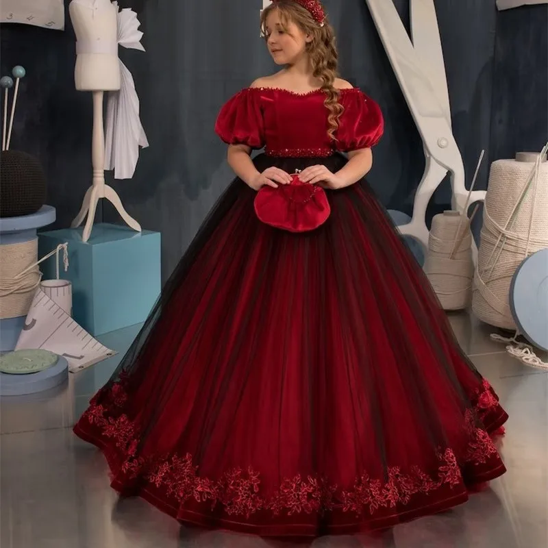 

Великолепное красное с черным платье, официальное платье с цветочным рисунком для девушек на свадьбу, день рождения, Первое причастие, конкурс, искусственное
