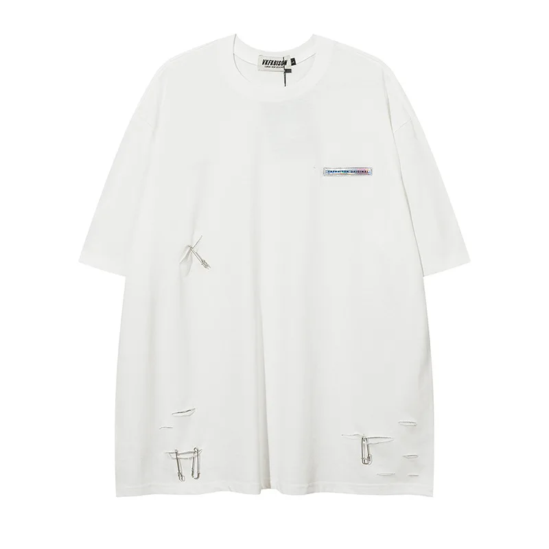 

Fashion Streetwear Hole Y2K Pin T Shirt Oversize Men Hiphop Summer Women Casual Loose 100%Cotton Round Neck Short Sleeve Tos