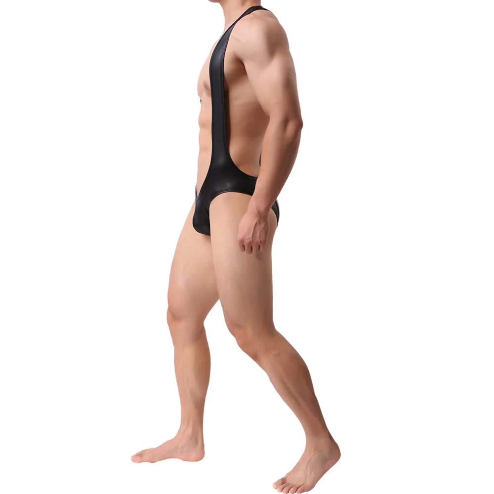Mens PU Leather Bodysuit Sexy One-piece Jumpsuits Catsuit LGBT Jockstrap Leotard Siamese Underwear Wrestling Singlet Open Butt